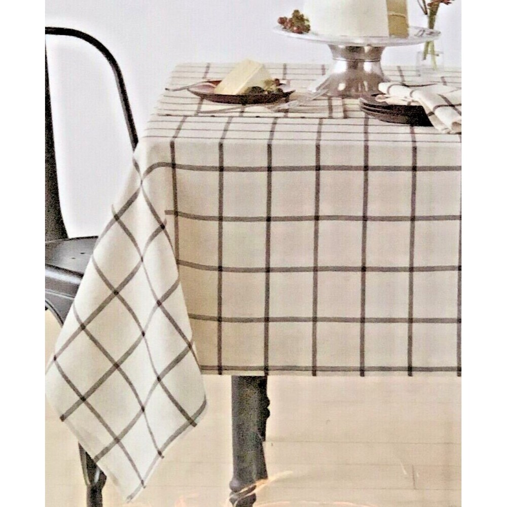 Shiloh Windowpane Fabric Tablecloth Shiloh Check Ivory Black Polyester 60x84"